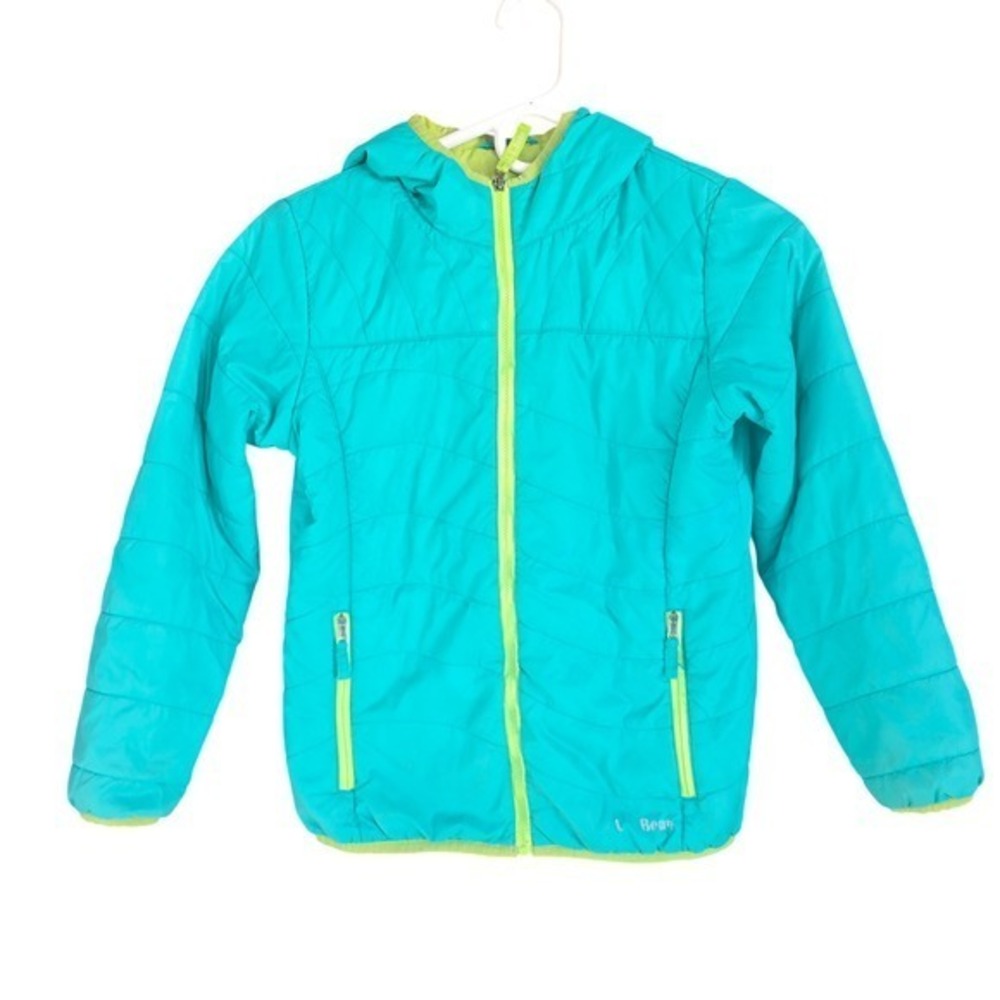 LL Bean Kids Turquoise Yellow Quilted Hooded Jacket Size‎ 10 12